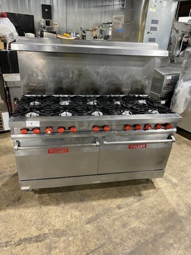 NICE! Vulcan Commerical Natural Gas Powered 10 Burner Stove! With Raised Back Splash And Salamander Shelf! With 2 Oven Underneath! All Stainless Steel! On Legs!