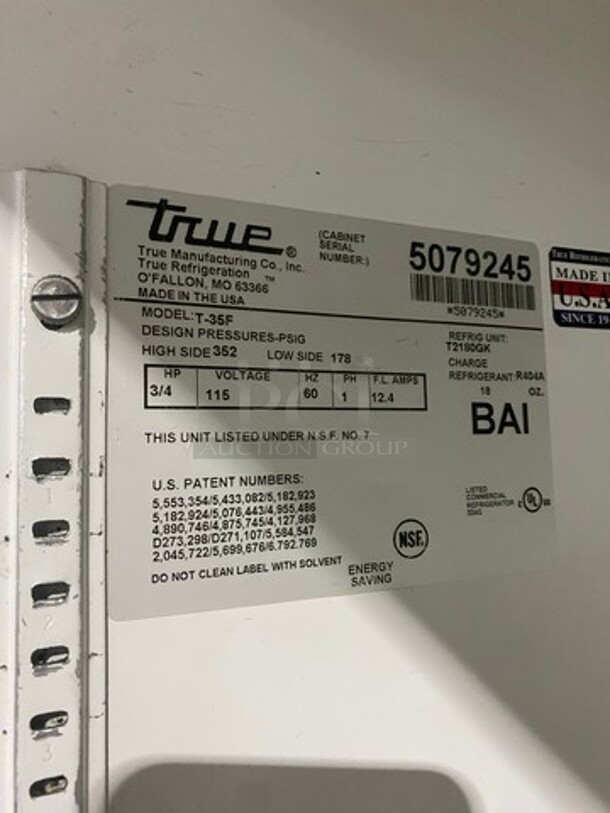 COOL! True Commercial 2 Door Reach In Freezer! With Poly Coated Racks! All Stainless Steel! On Casters! Model: T35F SN: 5079245 115V 60HZ 1 Phase - Image 8 of 9