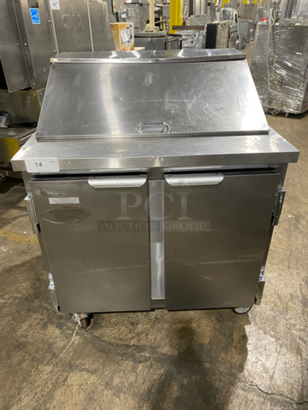 Leader Commercial Refrigerated Sandwich Prep Table! With 2 Door Underneath Storage Space! All Stainless Steel! On Casters! Model: ESLM36S/C SN: NM12S2712 115V 60HZ 1 Phase