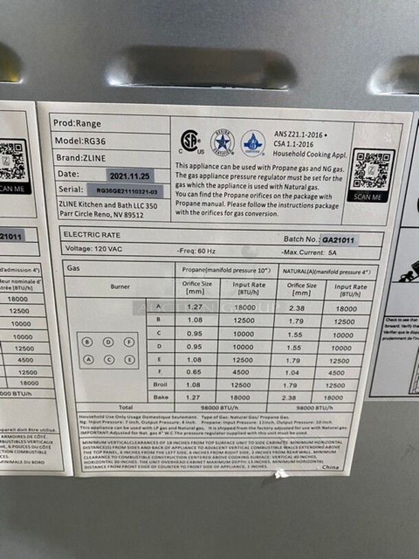 2021 Zline Gas Powered 6 Burner Stove! With Oven Underneath! Stainless Steel! MODEL RG36 SN:RG36GE21110321-03 - Image 8 of 10
