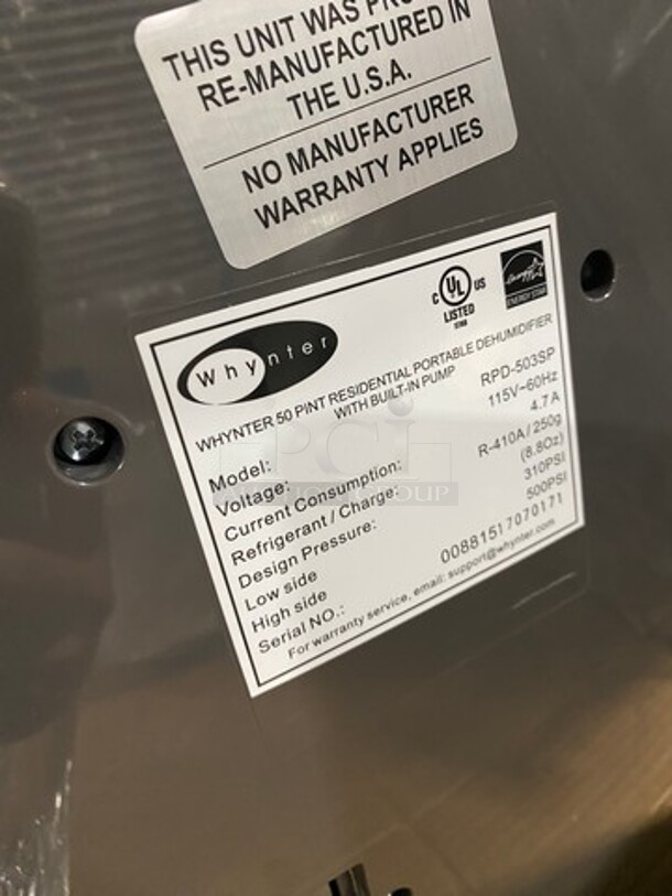 NEW! OUT OF THE BOX! SCRATCH-N-DENT! Whynter Energy Star 50 Pint Portable Dehumidifier Unit! With Built In Pump! Model: RPD503SP 115V - Image 4 of 7