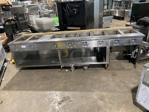 NICE! Wells Commercial Electric Powered 8 Well Steam Table! With Storage Space Underneath! All Stainless Steel With Wooden Outline! Model: HWSMP6D SN: BITTD1109A0164 208V 60HZ 1 Phase