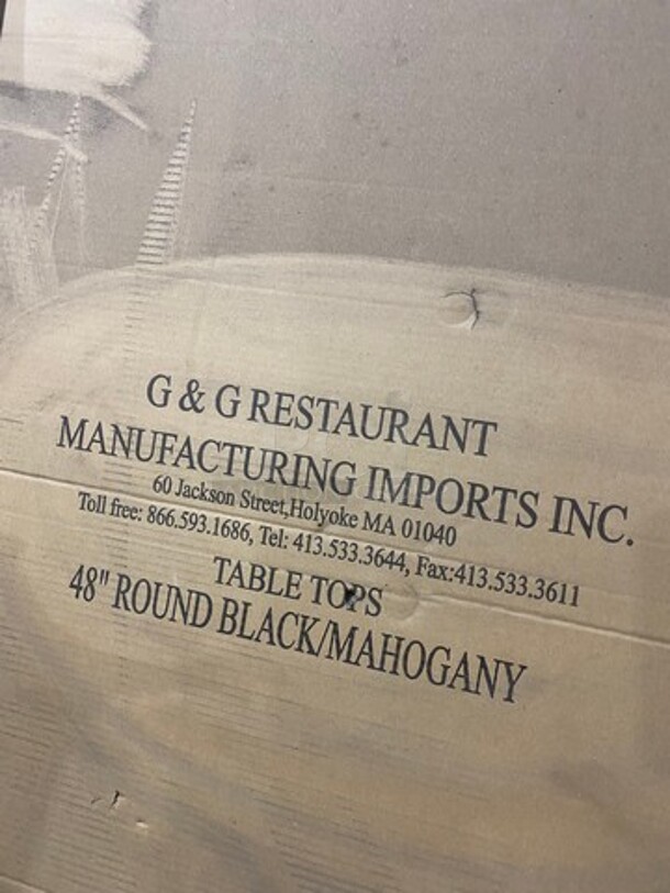 IN THE BOX! G & G Commercial 48" Round Black/ Mahogany Tabletops! With Metal Base! EACH LOT MAY HAVE DIFFERENT STYLE METAL BASE! EACH BOX HAS 2 TABLETOPS! 1 BOX PER LOT NUMBER! 2x Your Bid! - Image 3 of 7