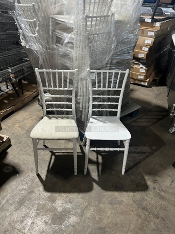 BRAND NEW! White Quality Poly Stackable Dining Chairs! 5 X Your Bid! With Removable Microfiber Seat Cushion! Seat Cushion Comes With Each Chair! 4 X Your Bid! - Image 1 of 8