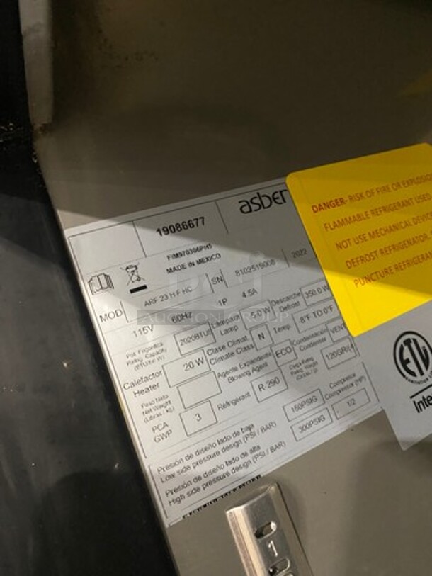 LATE MODEL! 2022 Asber Commercial Single Door Reach In Freezer! All Stainless Steel! On Casters! Working When Removed! Model: ARF23HFHC SN: 8102519008 115V 60HZ 1 Phase - Image 7 of 9