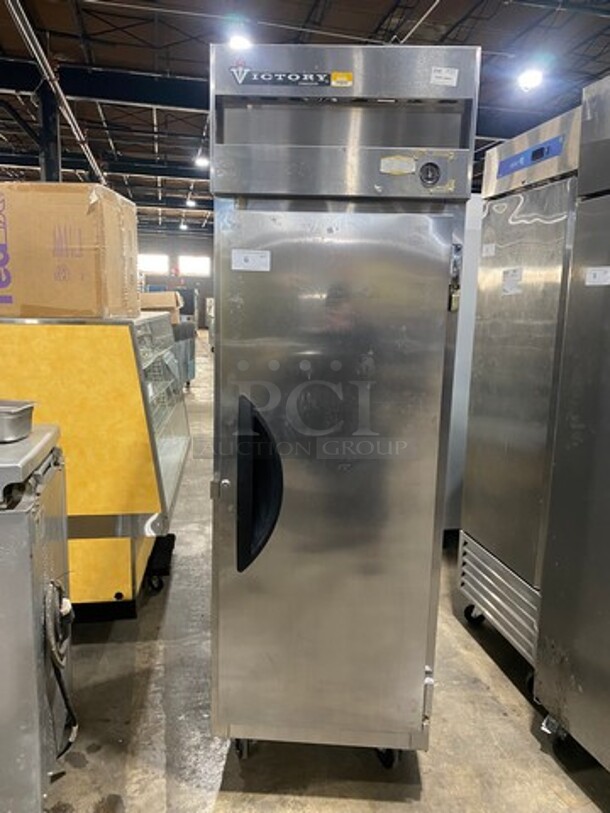 Victory Commercial Single Door Reach In Freezer! With Poly Coated Racks! All Stainless Steel! On Casters! Working When Removed! Model: VF1 SN: J0752704 115V 60HZ 1 Phase