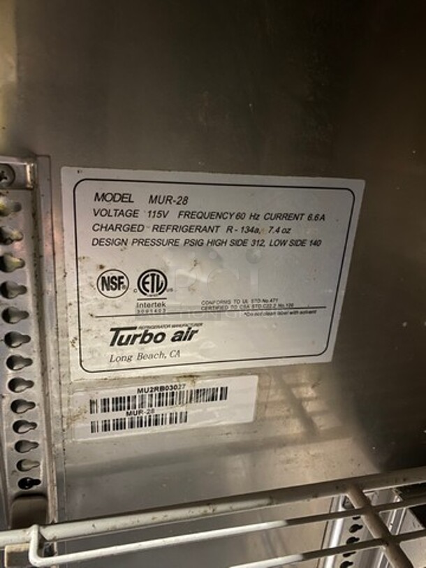 Turbo Air Commercial Single Door Lowboy/ Worktop Cooler! All Stainless Steel! Model: MUR28 SN: MU2RB03027 115V 60HZ 1 Phase - Image 6 of 10