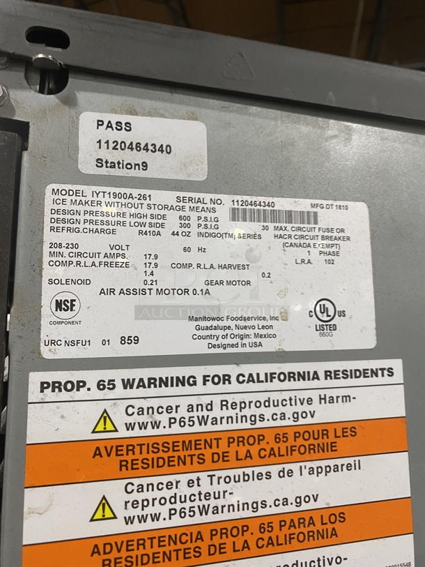 MANITOWOC Stainless Steel Ice Machine! On Legs! Model IYT1900A-261 Serial 1120464340 208-230V/60Hz/ 1 Phase - Image 5 of 10