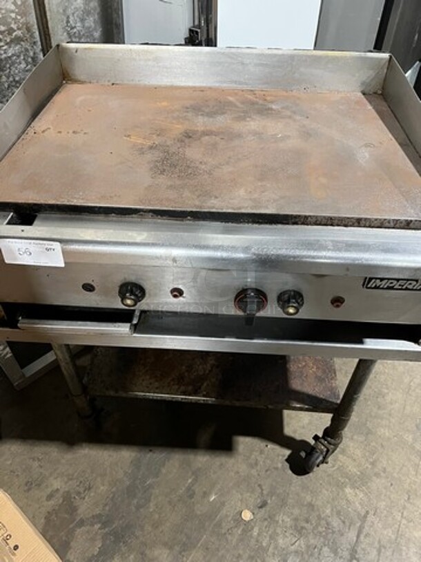 Imperial Commercial Countertop Natural Gas Powered Flat Top Griddle! With Back And Side Splashes! On Legs! On Equipment Stand! With Storage Space Underneath! All Stainless Steel! On Casters! - Image 2 of 7