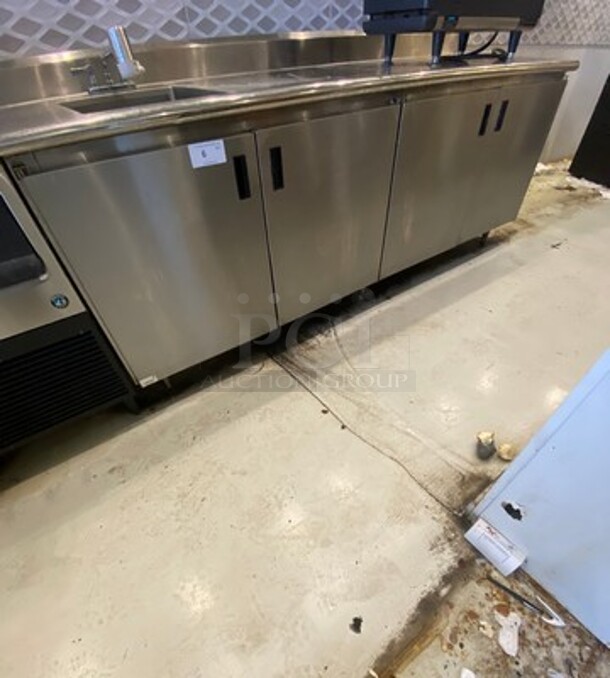 WOW! Custom Made Commercial Work Top/ Prep Table! With Built In Hand Washing Sink! With Back Splash! Faucet And Handles! With Cabinet Storage Space Underneath! Solid Stainless Steel! On Legs! - Image 1 of 8