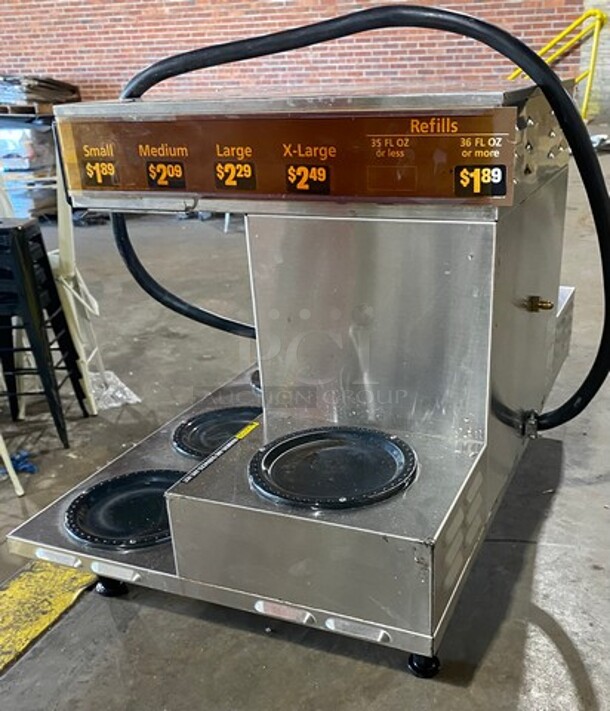 Bunn Commercial Countertop Coffee Brewing Machine! With 6 Pot Warmers! With Hot Water Dispenser! All Stainless Steel! Model AXIOM0/6TWIN Serial AXTN033120! 120/208-240V 1Phase! On Legs!  - Image 6 of 6