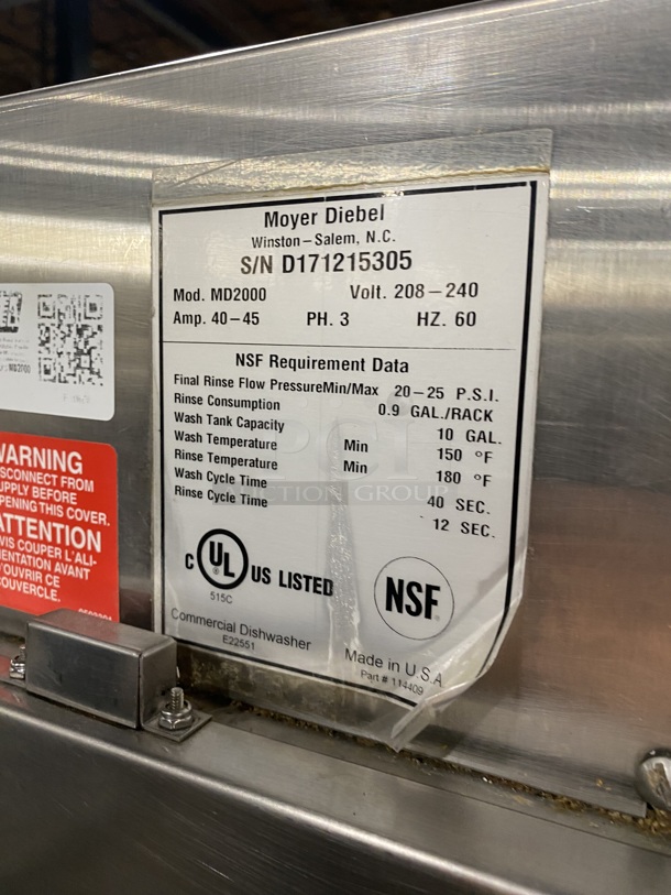 MOYER DIEBEL Stainless Steel Dishwasher! On Legs! Model MD2000 Serial D171215305 208/240V/60Hz/3 Phase  - Image 8 of 9