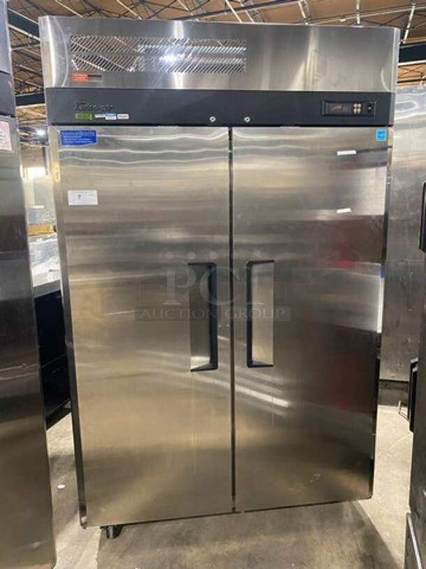 Turbo Air Commercial 2 Door Reach In Freezer! With Poly Coated Racks! All Stainless Steel! On Casters! Model: M3F472N SN: H2M3F4LCZ205 115V 60HZ 1 Phase! Working When Removed!