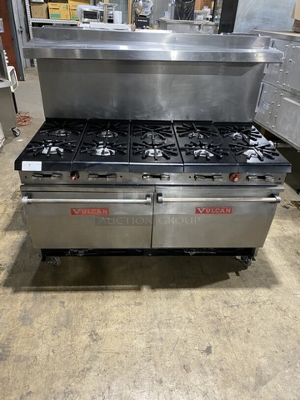 WOW! Vulcan Commercial Natural Gas Powered 10 Burner Stove! With 2 Full Size Oven Underneath! With Back Splash And Salamander Shelf! All Stainless Steel! On Casters!