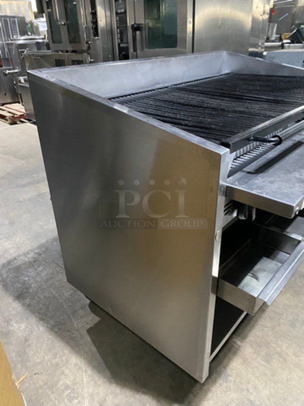 Magi Kitch'n Commercial Natural Gas Powered Char Broiler Grill! With Underneath Storage Space! With Back & Side Splashes! All Stainless Steel! On Casters! Model: FM648 SN: G11JD041755 - Image 2 of 8