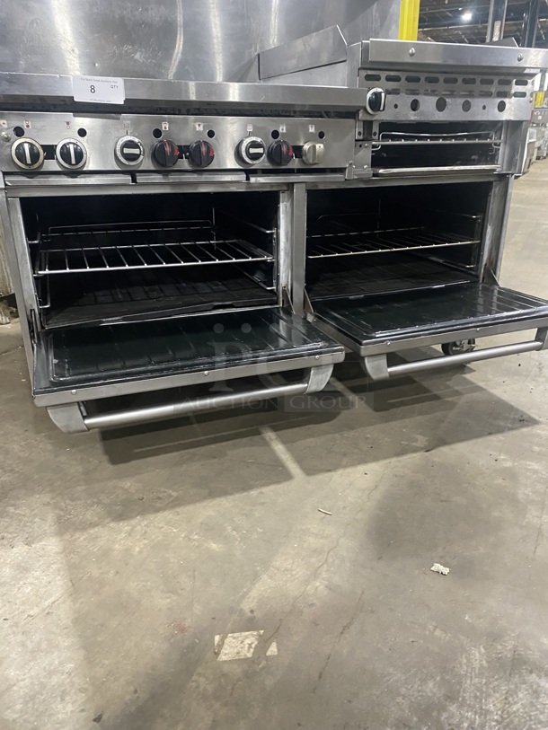 BEAUTIFUL! GARLAND All Stainless Steel Natural Gas Powered 6 Burner Range W/ Raised Right Side Flat Top W/ Cheese Melter! With 2 Ovens W/ Metal Racks! With Raised Over Back Splash & Slamander Shelf! On Commercial Casters! Working When Removed! - Image 8 of 9