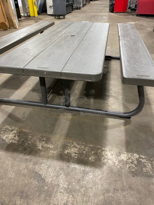 NICE! Lifetime Wooden Pattern Poly Picnic Table! With Dual Side Bench Seats! With Foldable Legs! - Image 4 of 9