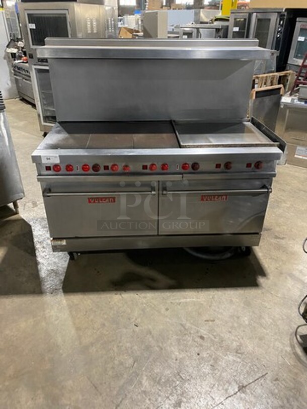 AMAZING! Vulcan Commercial Electric Powered French Top/ Hot Plate With Right Side Flat Griddle! With Raised Back Splash And Salamander Shelf! With 2 Oven Underneath! All Stainless Steel! On Casters! - Image 1 of 10