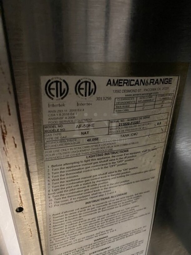 American Range Commercial Natural Gas Powered Deep Fat Fryer! With 2 Metal Frying Baskets! With Backsplash! All Stainless Steel! On Legs! Model: AF50HE SN: 211020FO357 - Image 8 of 9