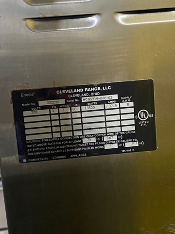 Cleveland Commercial Electric Powered Single Compartment Steam Cooker Cabinet! All Stainless Steel! On Legs! Model: 22CET6 SN: WC9521906C02 208V 60HZ 3 Phase - Image 5 of 8