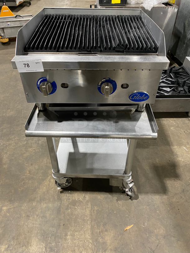 Globe Commercial Countertop Natural Gas Powered Char Grill! With Back And Side Splashes! On Small Legs! On Equipment Stand! With Storage Space Underneath! All Stainless Steel! On Caters!