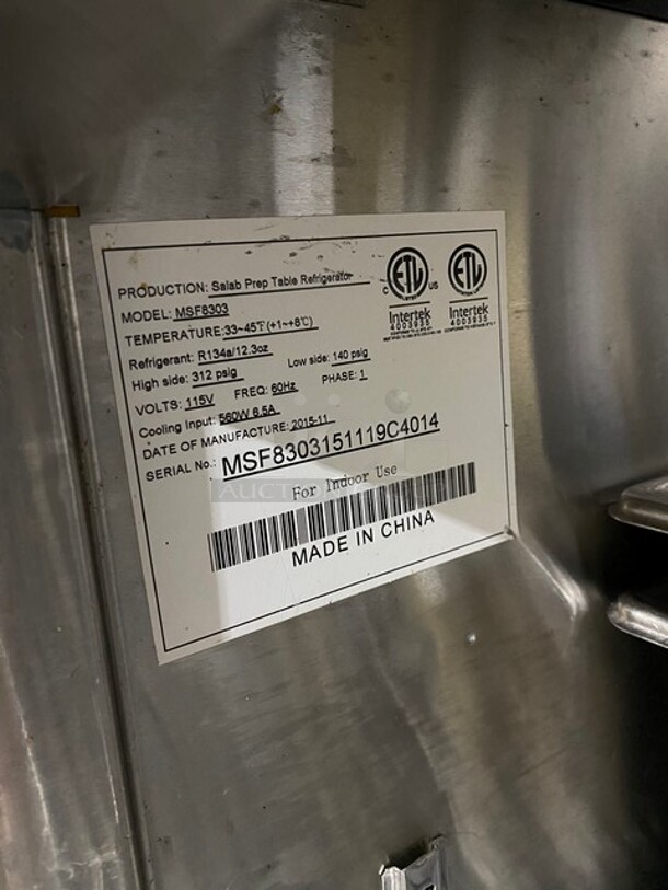 Atosa Commercial Refrigerated Sandwich Prep Table! With 2 Door Underneath Storage Space! Poly Coated Racks! All Stainless Steel! On Casters! Model: MSF8303 SN: MSF8303151119C4014 - Image 8 of 11