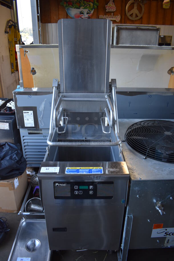 2011 Pitco Frialator SFSG6H Stainless Steel Commercial Floor Style Natural Gas Powered Deep Fat Fryer w/ Automatic Lifting System on Commercial Casters. 140,000 BTU. 20x34.5x69