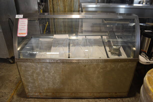 Stainless Steel Commercial Floor Style Ice Cream Dipping Cabinet w/ 1 Rear Clear Lid, Dipwell and Ice Cream Bucket Collars. 67.5x29x52.5. Tested and Powers On But Does Not Get Cold
