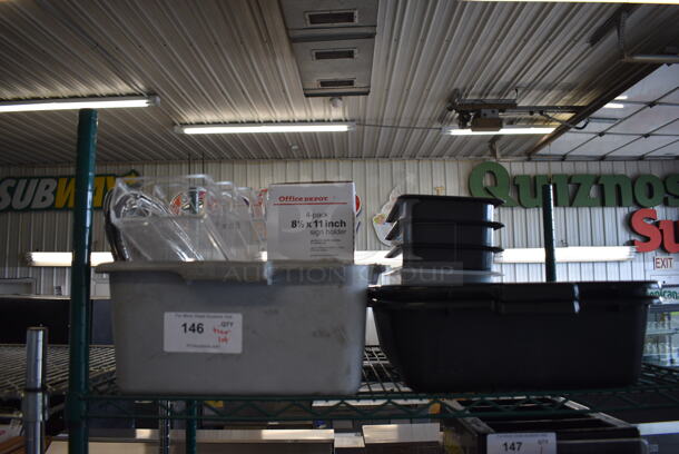 ALL ONE MONEY! Lot of Various Items Including Drop In Bins, Poly Holder, Sign Holder and Metal Trays in 2 Poly Bus Bins