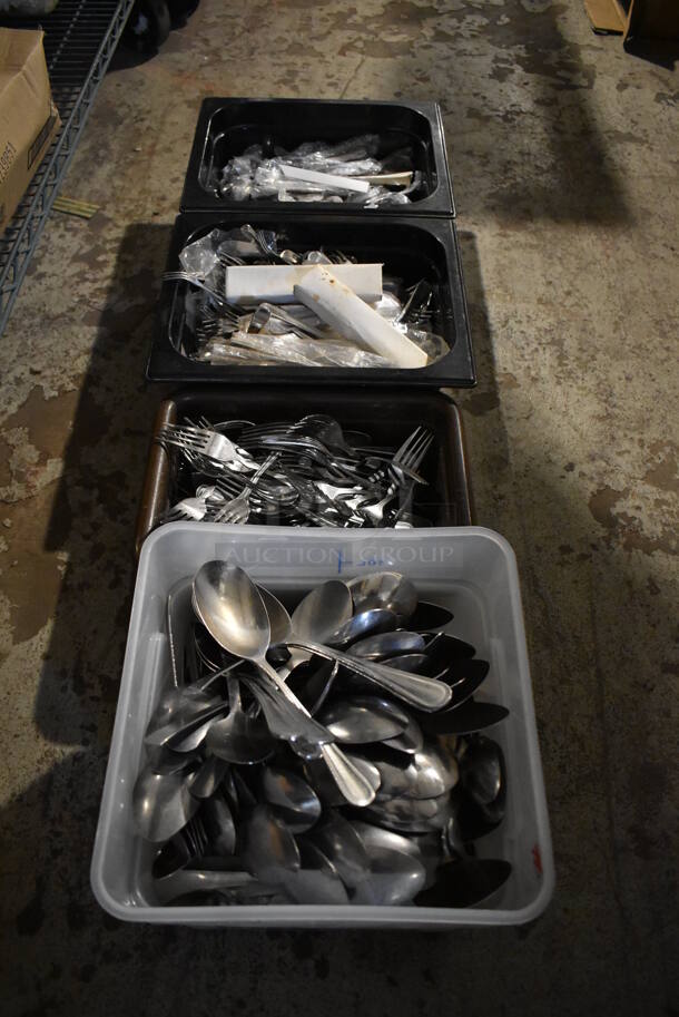 ALL ONE MONEY! Lot of 4 Bins of Various Silverware Including Spoons and Forks - Image 1 of 7