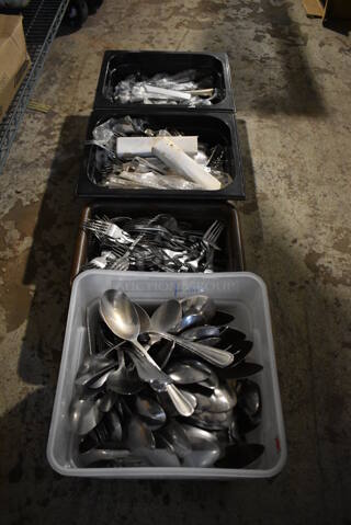 ALL ONE MONEY! Lot of 4 Bins of Various Silverware Including Spoons and Forks