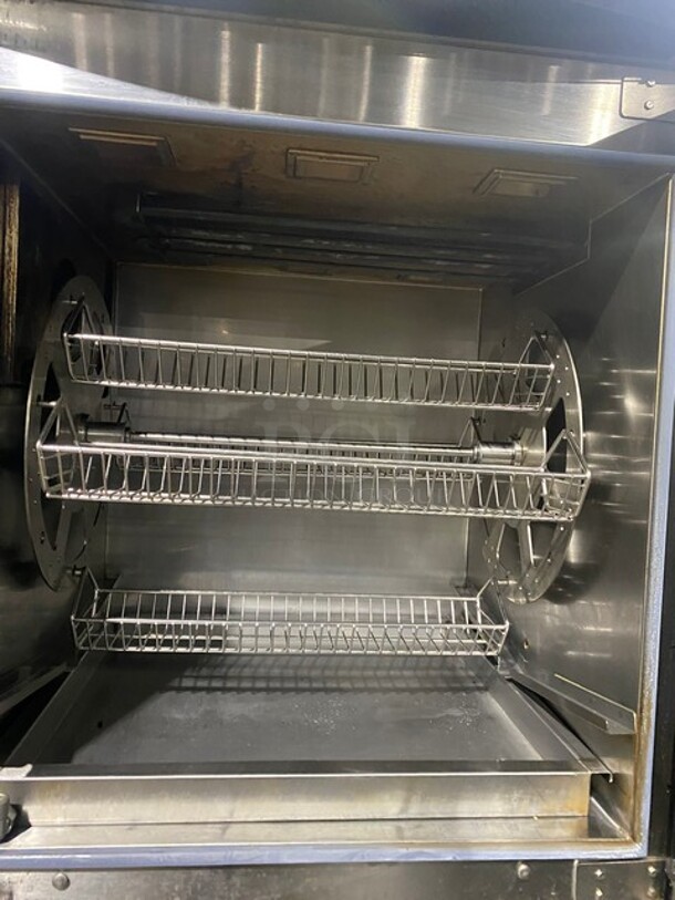 Amazing! RARE FIND! Alto-Shaam Commercial Chicken Rotisserie Oven! With 7 Spits! With Curved Glass! With Built In VENTLESS HOOD! Model AR-7EVH Serial 1953129000! 208V 3 Phase! On Stand With Casters! WORKING WHEN REMOVED! - Image 5 of 10