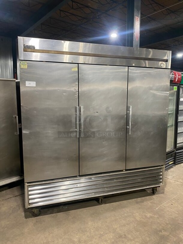 BEAUTIFUL! True Commercial 3 Door Reach In Refrigerator! With Poly Coated Racks! All Stainless Steel! Model T72 Serial 12432016! 115V 1Phase! On Casters! WORKING WHEN REMOVED! - Image 1 of 9