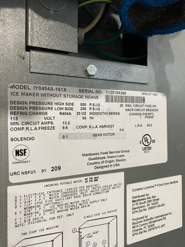 Manitowoc Commercial Ice Making Machine! On Commercial Ice Bin! All Stainless Steel! Model IY0454A161X Serial 1120159369! 115V 1Phase! On Legs! - Image 5 of 9