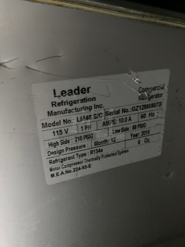 Leader Commercial Refrigerated Sandwich/Salad Prep Table! With Wooden Cutting Board! With 2 Door Storage Space Underneath! With Poly Coated Rack! All Stainless Steel! On Casters! Model: LM48 SN: GZ12M0807B 115V 60HZ 1 Phase - Image 7 of 10