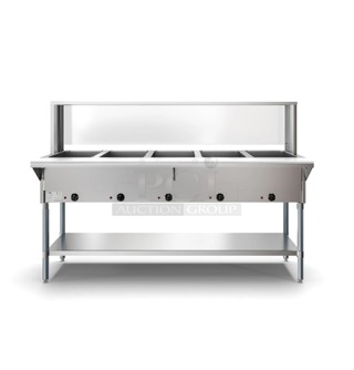 BRAND NEW SCRATCH AND DENT! KoolMore KM-OWS-5SG Stainless Steel Commercial Electric Powered 5 Bay Steam Table w/ Sneeze Guard and Under Shelf. Stock Picture Used as Gallery. 240 Volts.