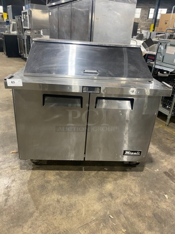 Migali Commercial Refrigerated Mega Top Sandwich Prep Table! With 2 Door Storage Space Underneath! Poly Coated Racks! All Stainless Steel! On Casters! Model: CSP4818BT SN: CSP4818BT15081992016 115V 60HZ 1 Phase