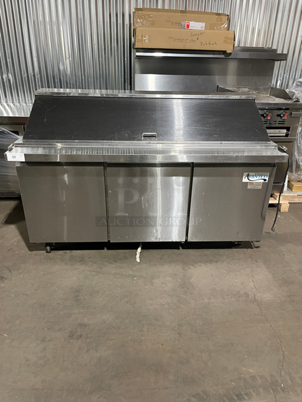 Avantco Commercial Refrigerated Sandwich Prep Table! With 3 Door Underneath Storage Space! Poly Coated Racks! All Stainless Steel! On Casters! Model: 178SSPT71M SN: 6485420317030701 115V 60HZ 1 Phase
