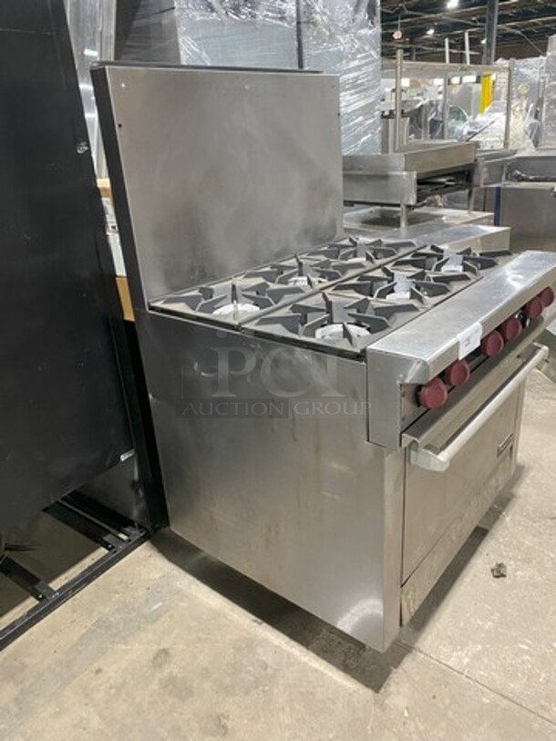 Nice! 2016 Therma Tek Natural Gas Powered 6 Burner Range! With Full Size Oven Underneath! With Raised Back Splash! Model TMD36-6-1N! On Commercial Casters! Working When Removed!  - Image 2 of 9