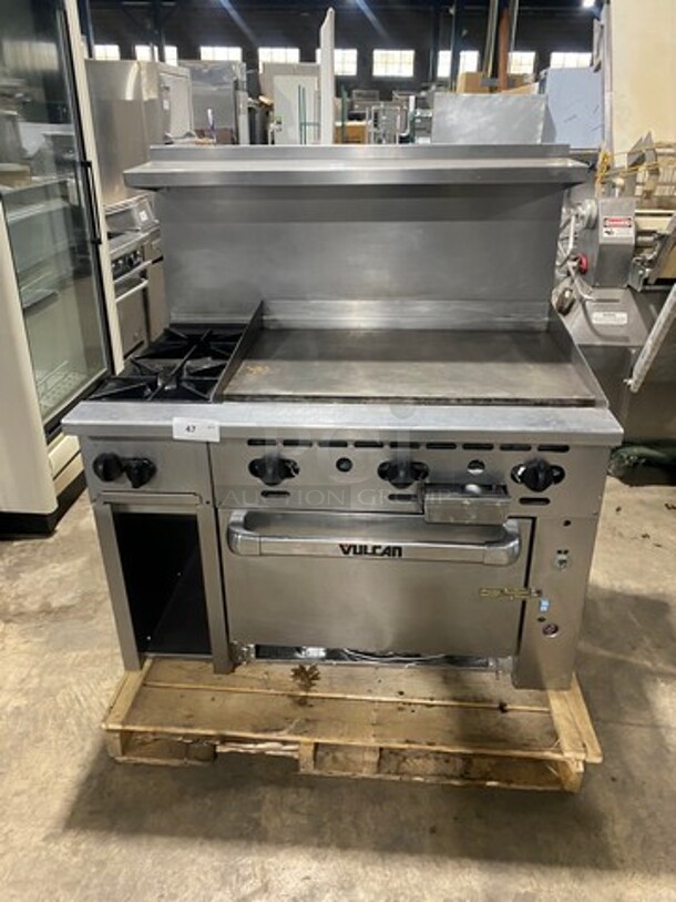 WOW! Vulcan Commercial Natural Gas Powered Flat Top Griddle With 2 Burner! Flat Griddle Has Side Splashes! With Raised Back Splash And Salamander Shelf! With Oven Underneath! All Stainless Steel! On Casters! Model: 48C2B36GN SN: 650094075