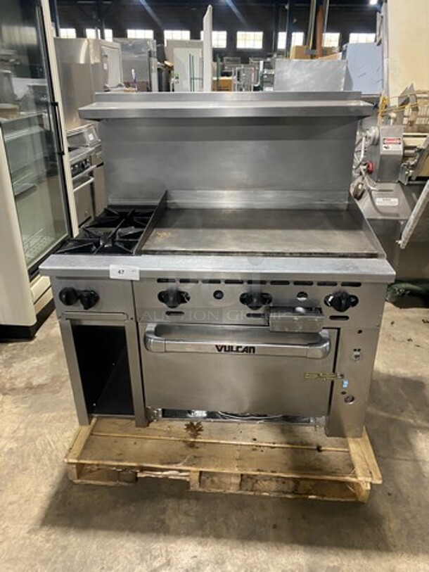 WOW! Vulcan Commercial Natural Gas Powered Flat Top Griddle With 2 Burner! Flat Griddle Has Side Splashes! With Raised Back Splash And Salamander Shelf! With Oven Underneath! All Stainless Steel! On Casters! Model: 48C2B36GN SN: 650094075 - Image 1 of 11