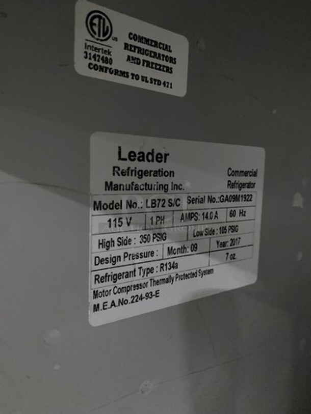 Leader Commercial 3 Door Under The Counter/ Work Top Cooler! With Poly Coated Racks! All Stainless Steel! On Casters! Model: LB72S/C SN: GA09M1922 115V 60HZ 1 Phase - Image 7 of 8