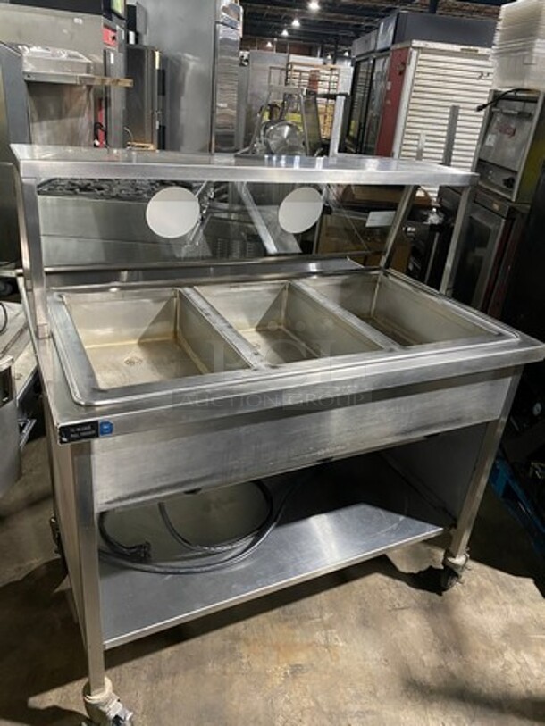Atlas Metal Commercial Electric Powered 3 Well Steam Table! With Sneeze Guard! With Storage Space Underneath! All Stainless Steel! On Casters! WORKING WHEN REMOVED! Model: WIHDM3 SN: 338589 208V 1 Phase - Image 3 of 10