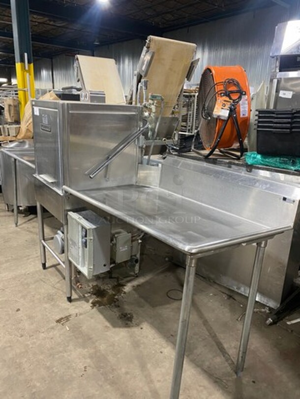 WOW! Hobart Commercial Pass-Through Dishwasher! All Stainless Steel! On Legs! With Left And Right Side Dish Washing Table! With Back Splash! On Legs! Model: AM12 SN: 12045138 200/240V 60HZ 1 Phase! Measurements Are With Tables In Place!  - Image 2 of 11