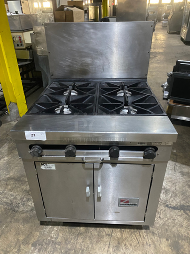FAB! Southbend Natural Gas Powered WIDE BODY 4 Burner Stove! With Underneath Storage Space! With Raised Back Splash! All Stainless Steel! On Casters! Model: 1364D140 SN: 01H17122