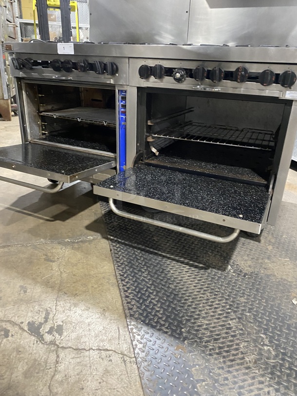 WOW! Southbend/Hussman Natural Gas Powered 12 Burner Stove! With 2 Full Sized  Ovens/One Oven With Convection! With Full Size Salamander! With Metal Oven Racks! With Raised Back Splash & Salamander! All Stainless Steel! On Casters! Working When Removed! - Image 5 of 8