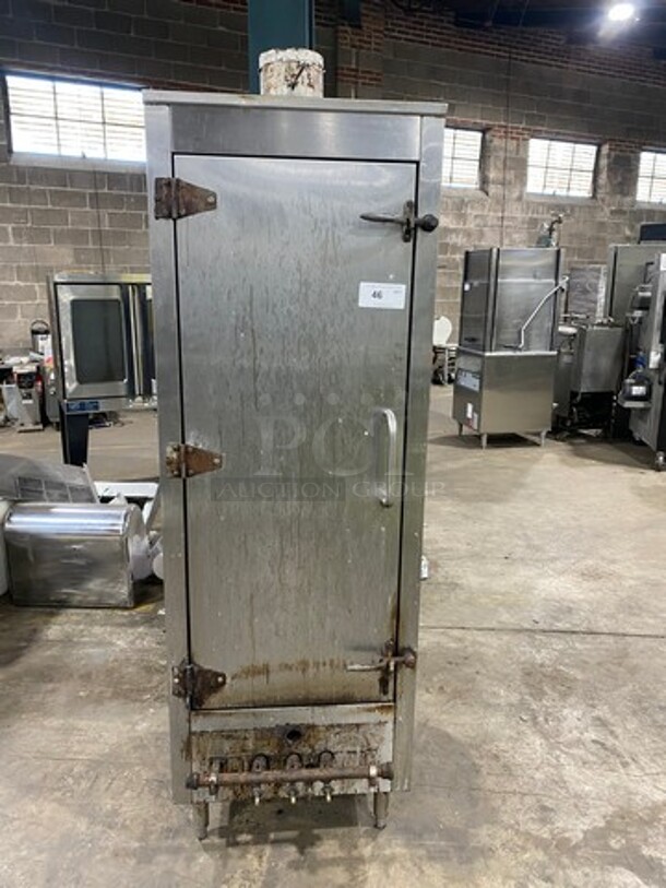All Stainless Steel! Commercial Single Door Natural Gas Powered Smoker! On Legs! WORKING WHEN REMOVED!