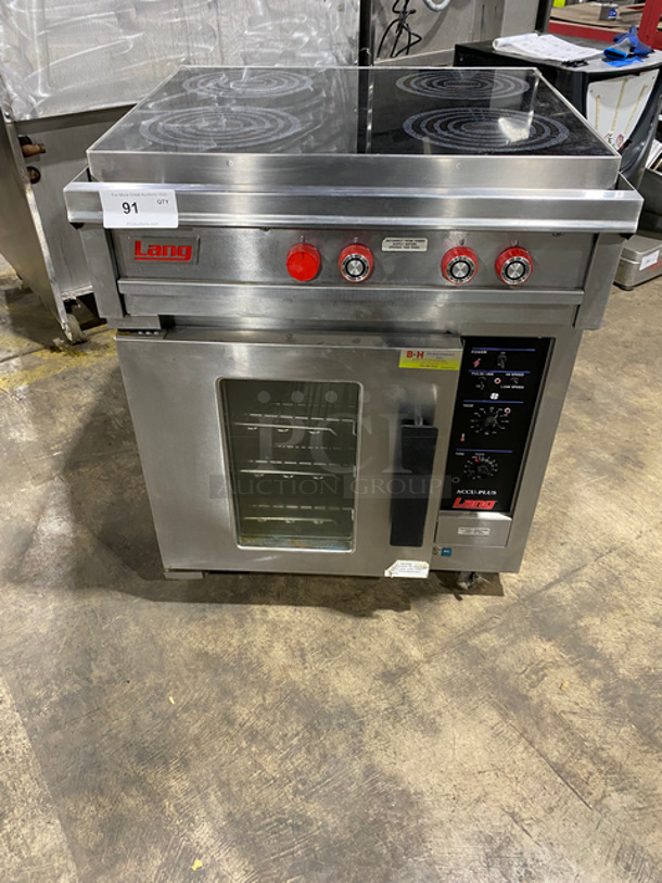 WOW! Lang Commercial Electric Powered 4 Burner Induction Top Range! With Underneath Convection Oven! Metal Oven Racks! With View Through Door! All Stainless Steel! On Casters! Model: RTI30A SN: RT300913A0010 208/240V 60HZ 3 Phase