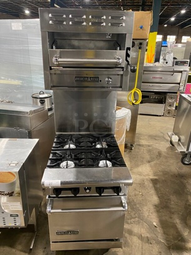 American Range Commercial Natural Gas Powered 4 Burner Stove! With Raised Back Splash And American Range Salamander! With Oven Underneath! All Stainless Steel! On Legs! - Image 1 of 10