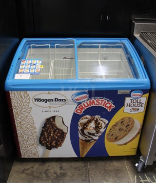 Metal Commercial Floor Style Novelty Ice Cream Freezer Merchandiser w/ Poly Coated Baskets on Commercial Casters. Tested and Working!